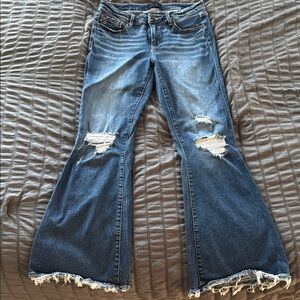 Buckle Blue Flare Wide Leg Jeans with Distressed Details